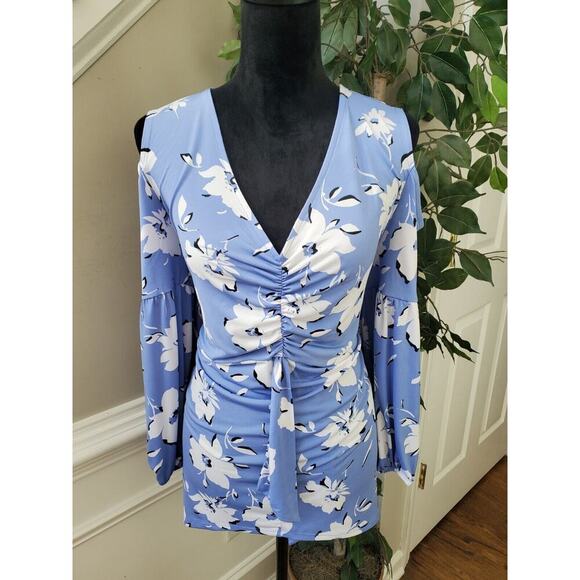 Cato Womens Blue Floral Polyester Ruched Cold Shoulder V Neck Top Blouse Size XL - Picture 11 of 12
